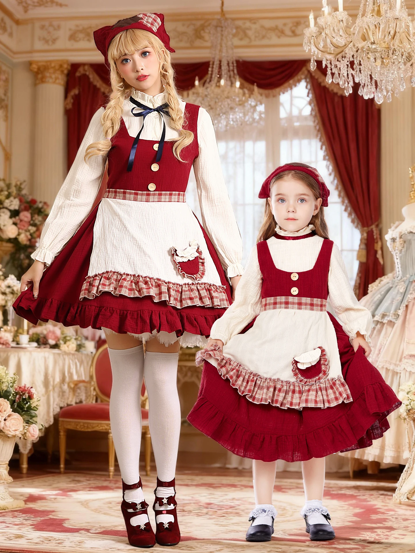 

Костюм для мамы и дочки в стиле ретро: фартук в клетку винного цвета, костюм Лолита для выступлений, повседневный традиционный китайский стиль...