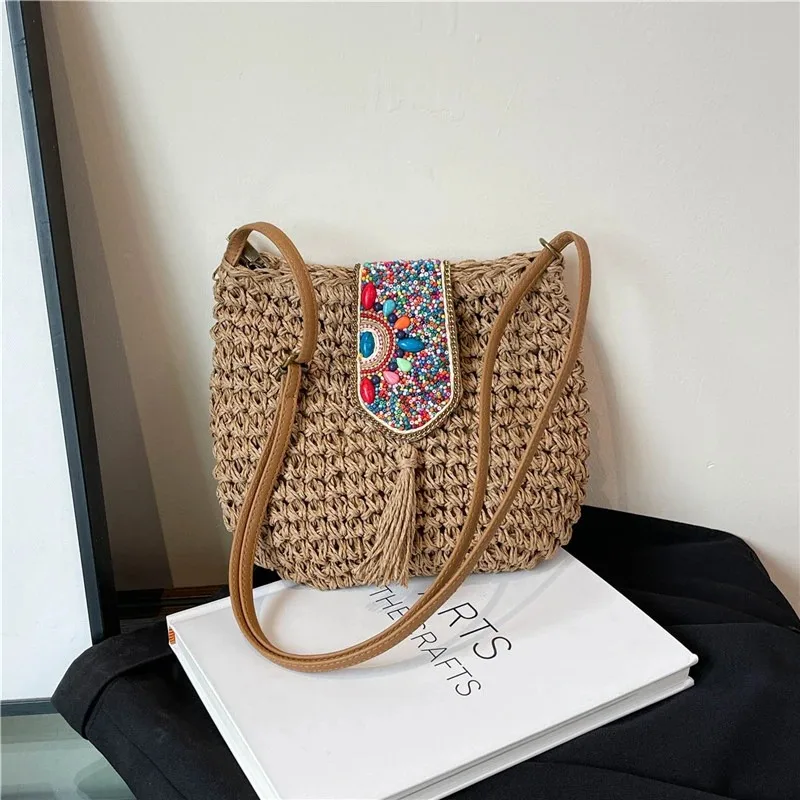 

Straw Woven Tassel Beaded Square Shoulder Bags Casual National Style Grace 2025 New Retro Stylish Design Crossbody Bags for Girl