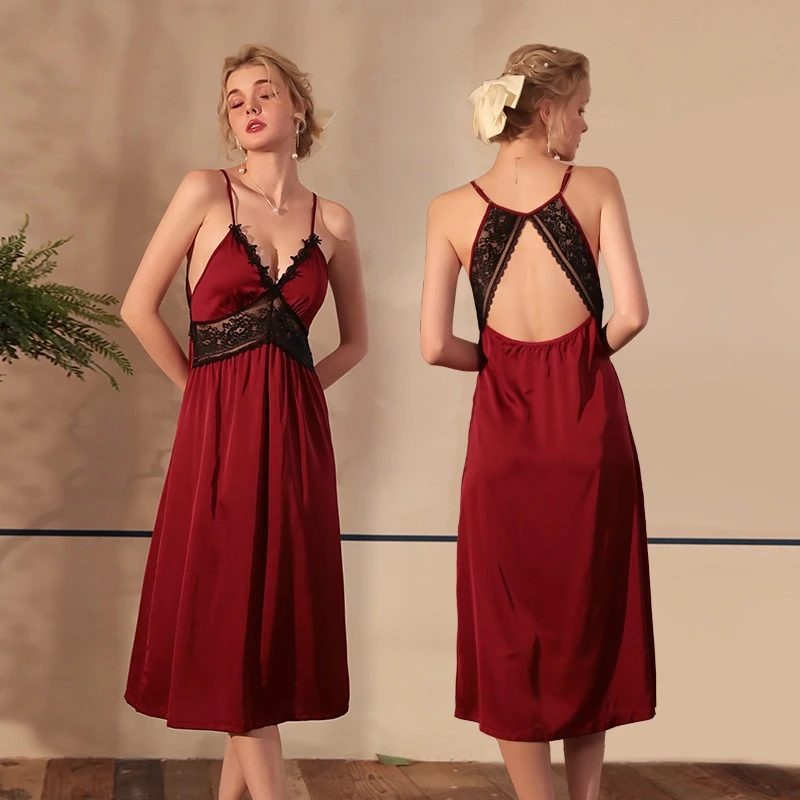 

Sexy Ice Silk Satin Strap Women's Underwear Sleeping Skirt Long Lace Splicing Flirting Temptation Home Clothes