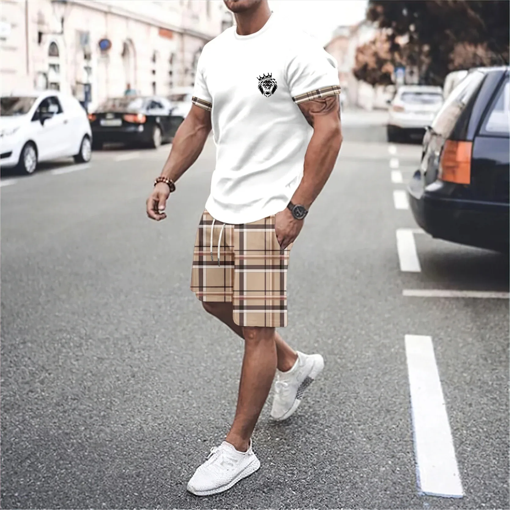 2024 Men\'s Tshirt Set 3D Print Solid Color vocation  Men  Round Neck T-Shirt Shorts Two Piece Set Casual Man Suits Clothing