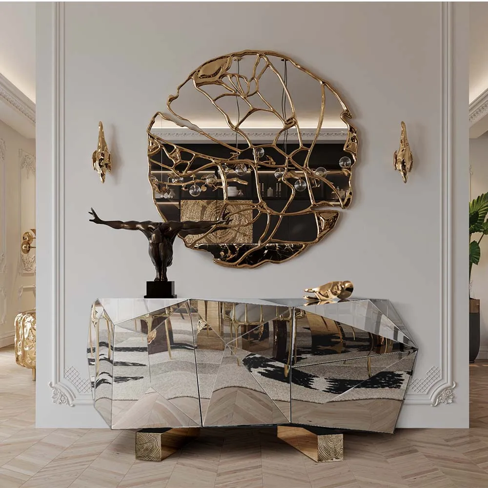 Luxury Silver Storage Sideboard With Diamond Mirrors Dining Bedroom Application Glass Cabinet Home Hotel Elegant Buffet Decor