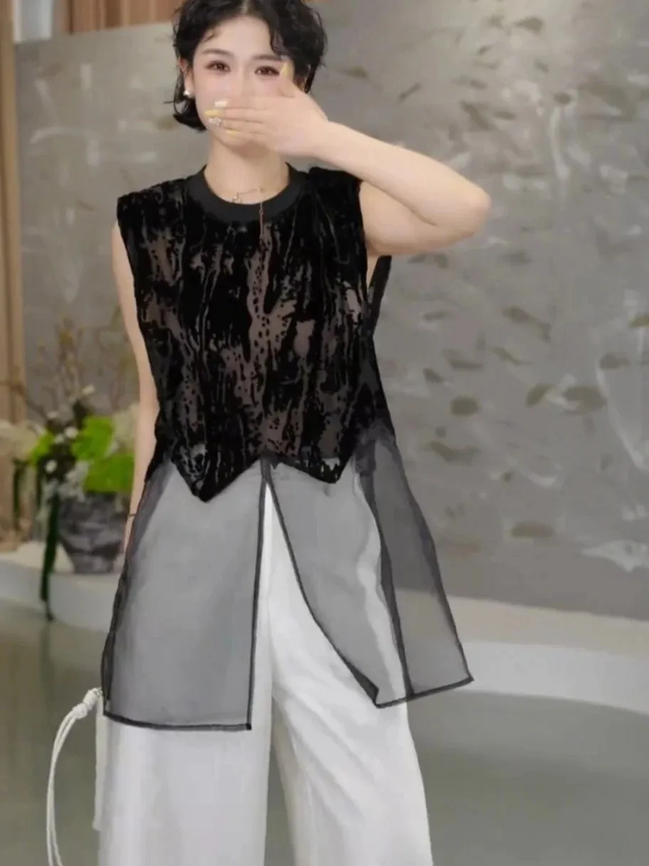 

Korean Style Loose Mesh Splice Shirt Women's Summer New Style Sleeveless Slimming Versatile Airy round Neck Open Cardigan