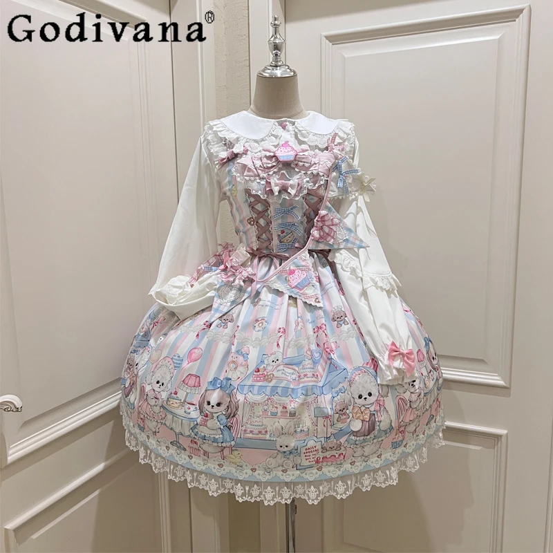 

Soft Girls Lolita Suspender Dress Jsk Women's Sweet Cute Print Bow Lace Edge Knee-length Dress Student Kawaii Party Dresses