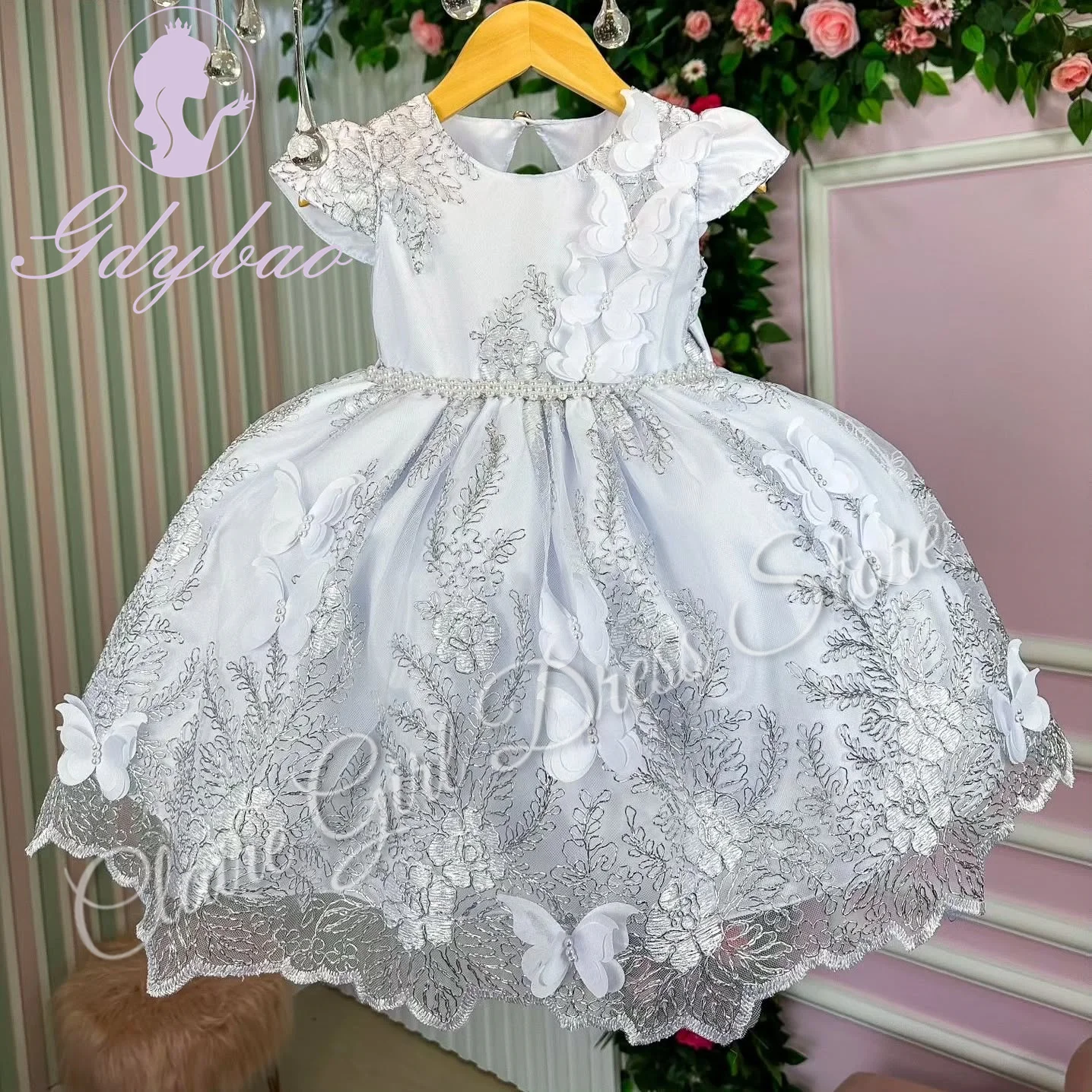 Vestidos de niña de flores rosas personalizados para boda, apliques dorados, perlas, mariposas, fiesta de cumpleaños para niños, vestido de baile de primera comunión