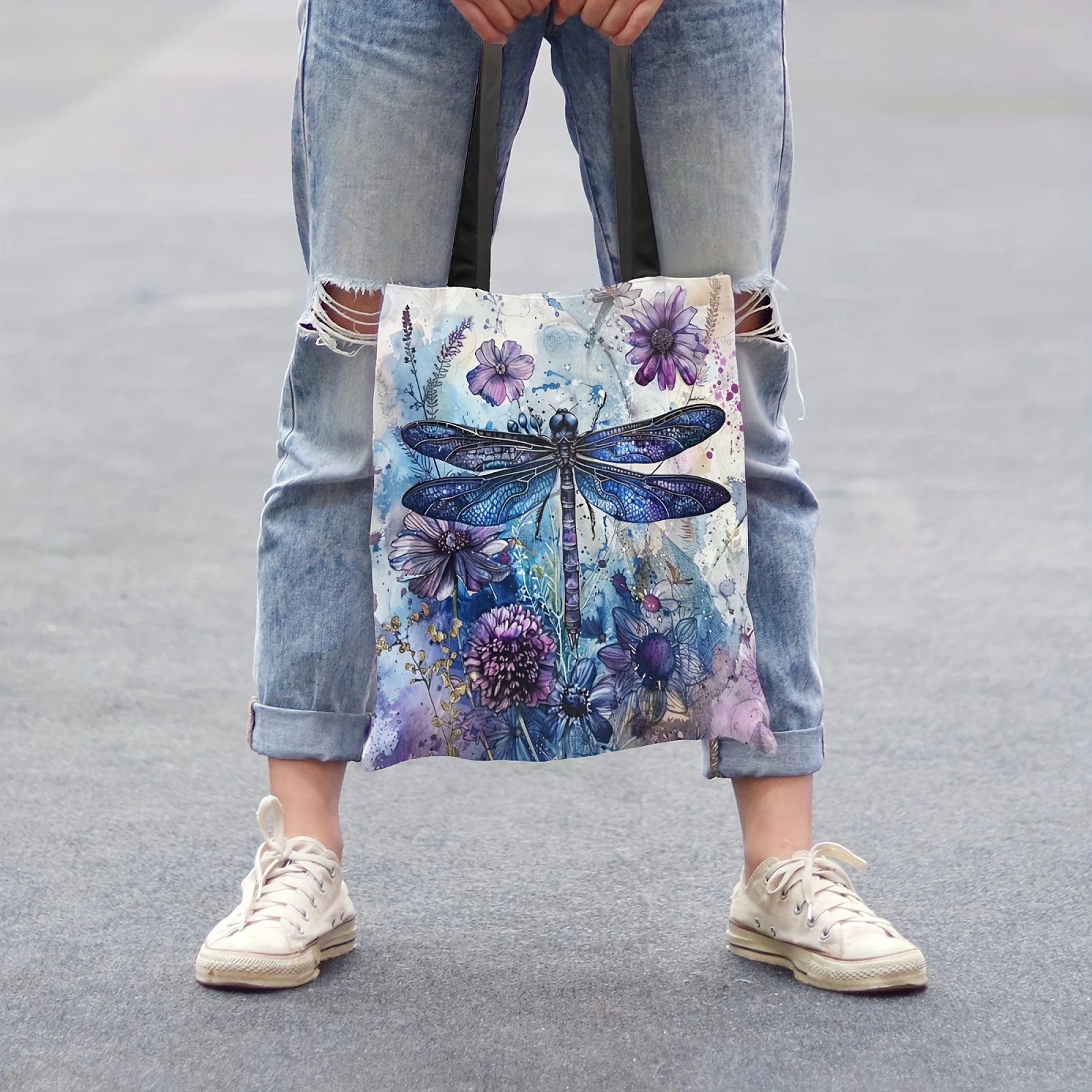 Vibrant Dragonfly & Floral Design Tote Bag Dragonfly Is Flying Shoulder Bags Multicolor Polyester Casual Reusable Shopping Bag