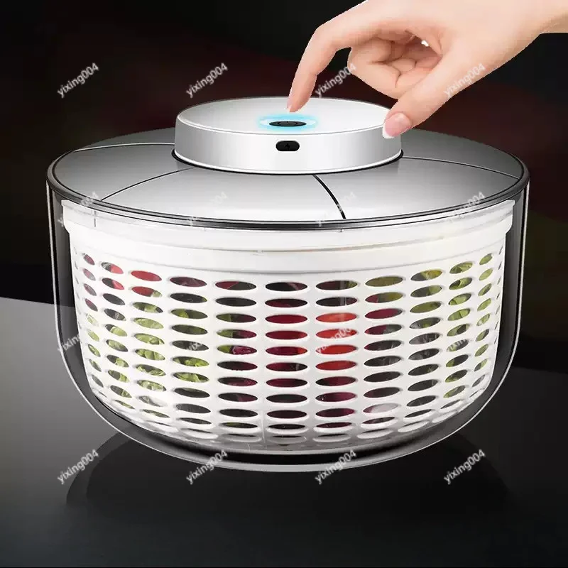 Household Electric Fruit & Vegetable Spinner, Stainless Steel Salad Drying Tool for Kitchen