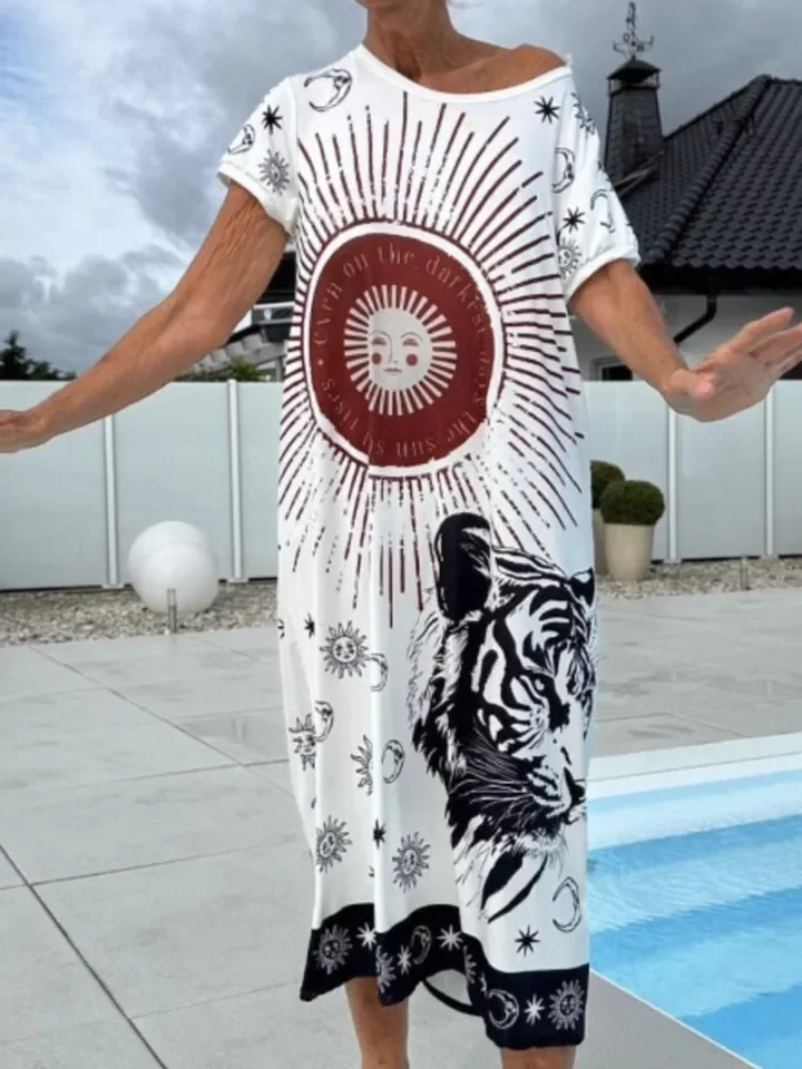여성용 패션 프린트 루즈 드레스 캐주얼 반팔 브이넥 풀오버 드레스 여성 보헤미안 휴가 비치 스커트 로브 여성 의류