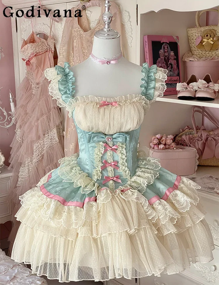 Meisjes Ballet Lolita Prinses Jurken Vrouwen Hoge Taille Slim-Fit Boog Kant Verjaardagsfeestje Avondjurk 2024 Zomerjurk Y2k Jsk