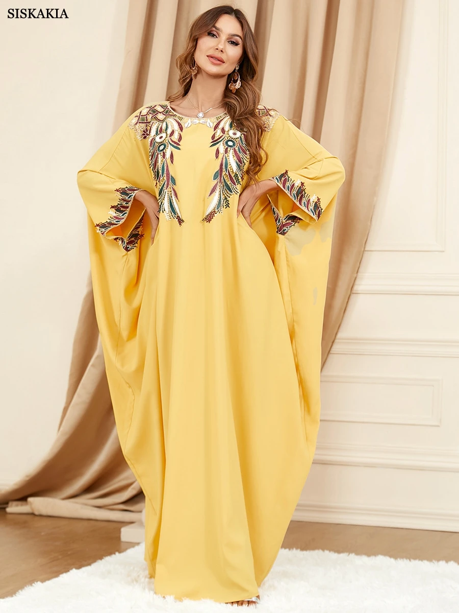 Abaya Pour Les Femmes Broderie Florale À Manches Chauve-Souris Robe Kimono Maroc Caftan Dubaï Robes De Luxe Pour La Fête