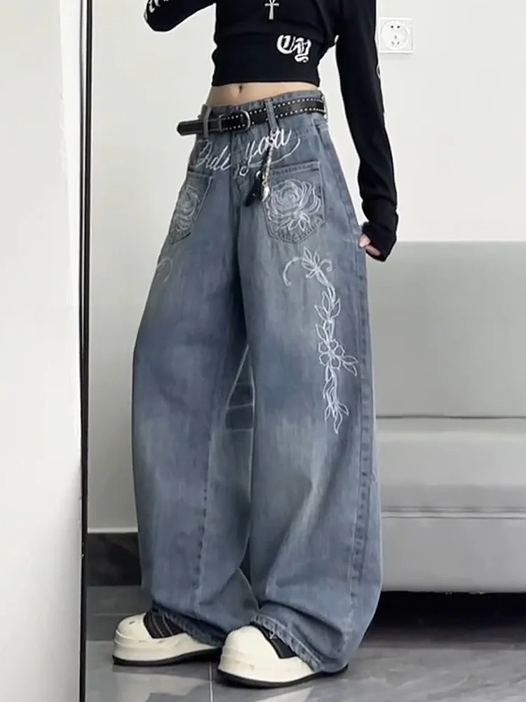 Sweet Cool Spicy Girl American Style Embroidered Knife  Loose Wide Leg Jeans Women's Autumn Design Slimming Floor Length ...