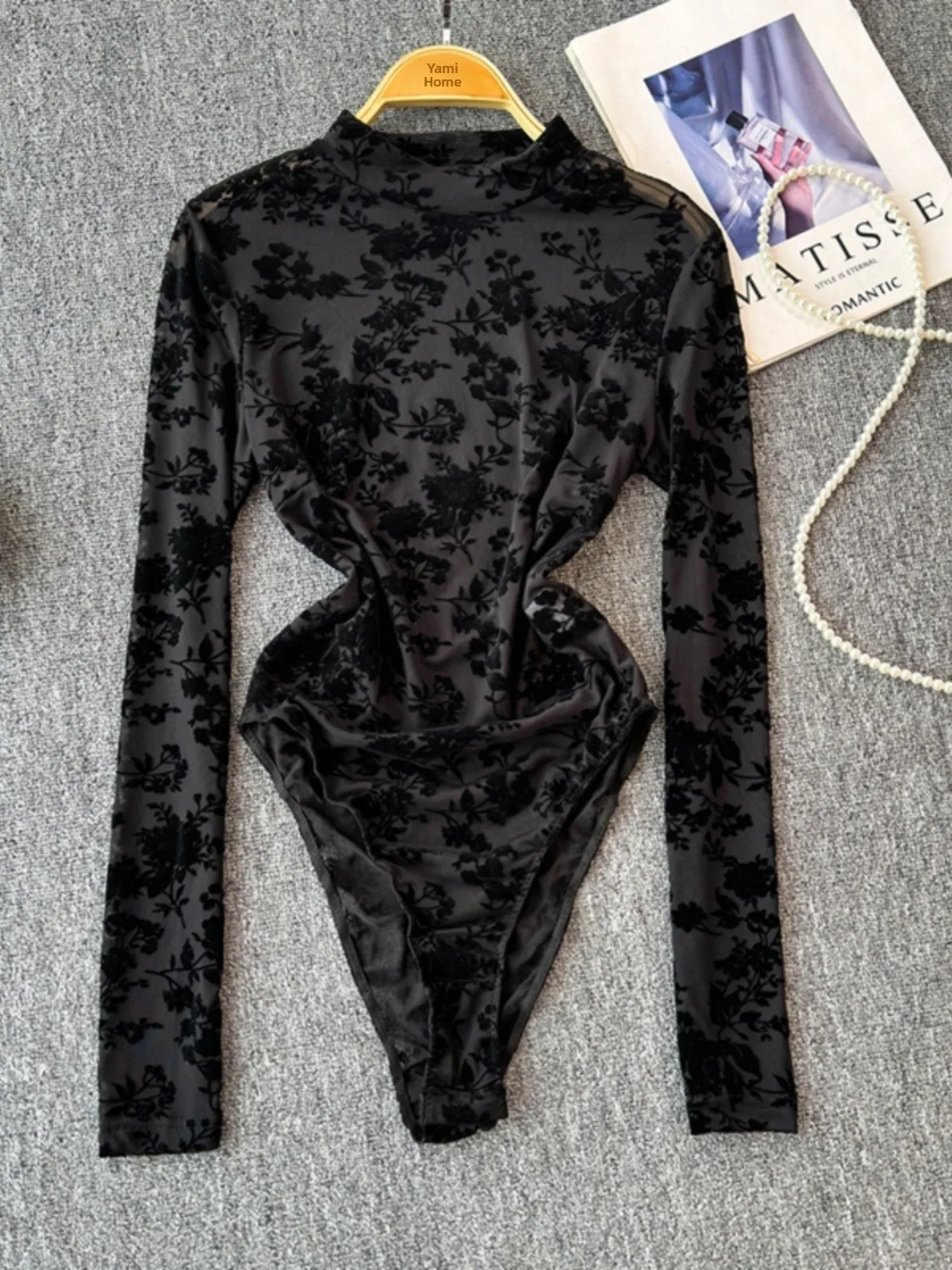 

Faionable Korean Sle Long Sve Lace Bodysuit Slimming Top High Waist Straight Leg Pants Commute Wear Regular Thin
