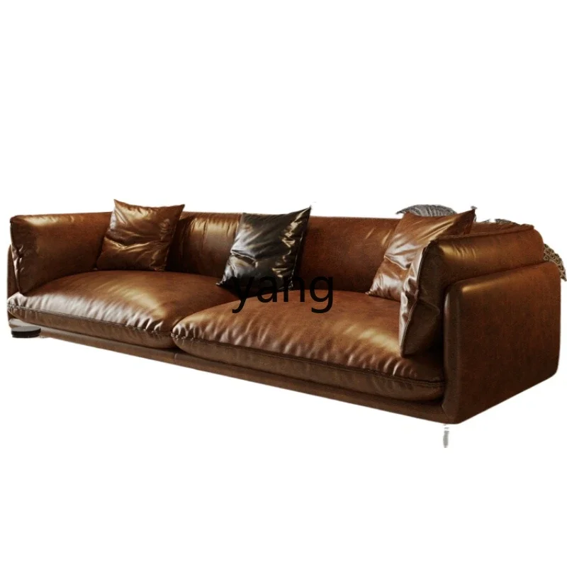 Yjq Fufeng ancient oil wax leather leather sofa first layer cowhide living room straight row medium ancient style sofa