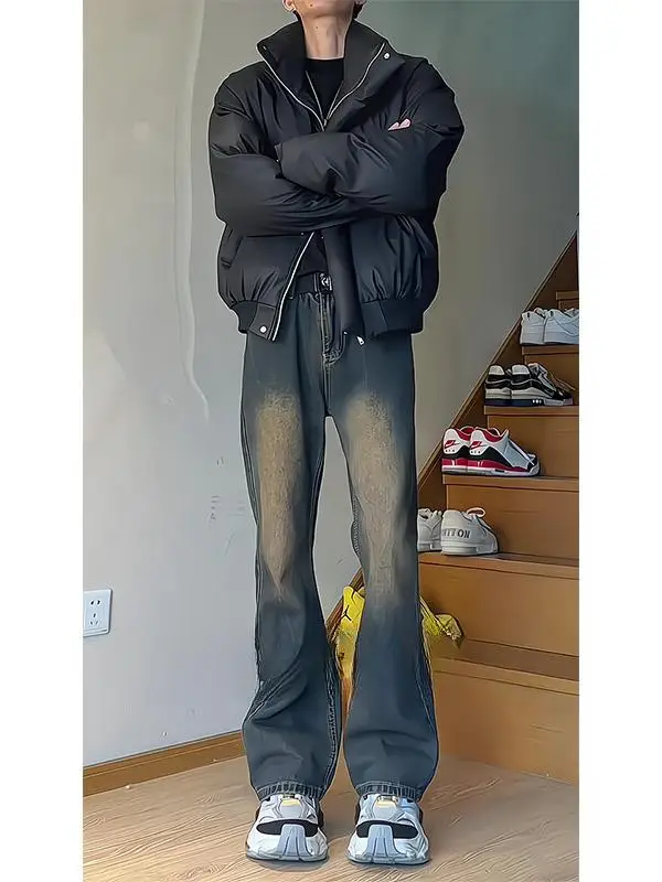 

Retro American Sle Men's Denim Jeans Autumn Winter Waed Straight Leg Slimming Knife Flared Pants Youth Trendy Warmth