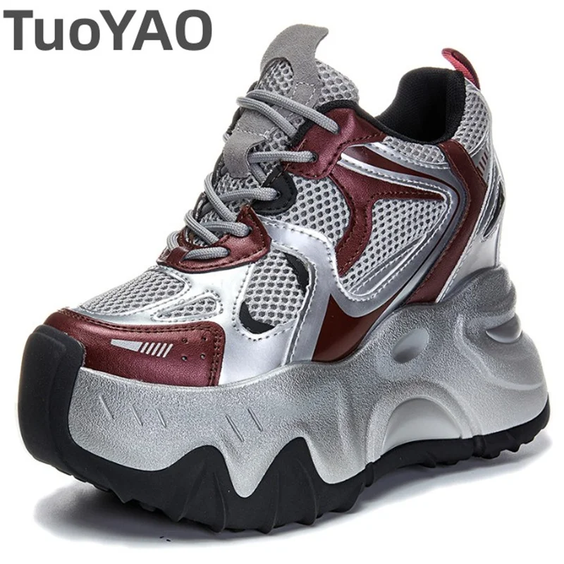 

12cm Women Spring Air Mesh Microfiber Chunky Sneakers Pumps Platform Wedge Shoes Mules Boots Women Breathable