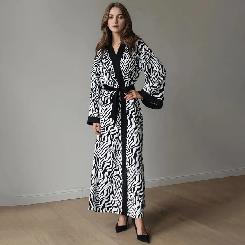 

New Robe With Belt Black Ankle-Length White Striped Pyjama Silk Satin Outfit Sleepwear Women's Pajamas Nightwear Nighty Dresses