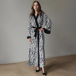 New Robe With Belt Black Ankle-Length White Striped Pyjama Silk Satin Outfit Sleepwear Women's Pajamas Nightwear Nighty Dresses