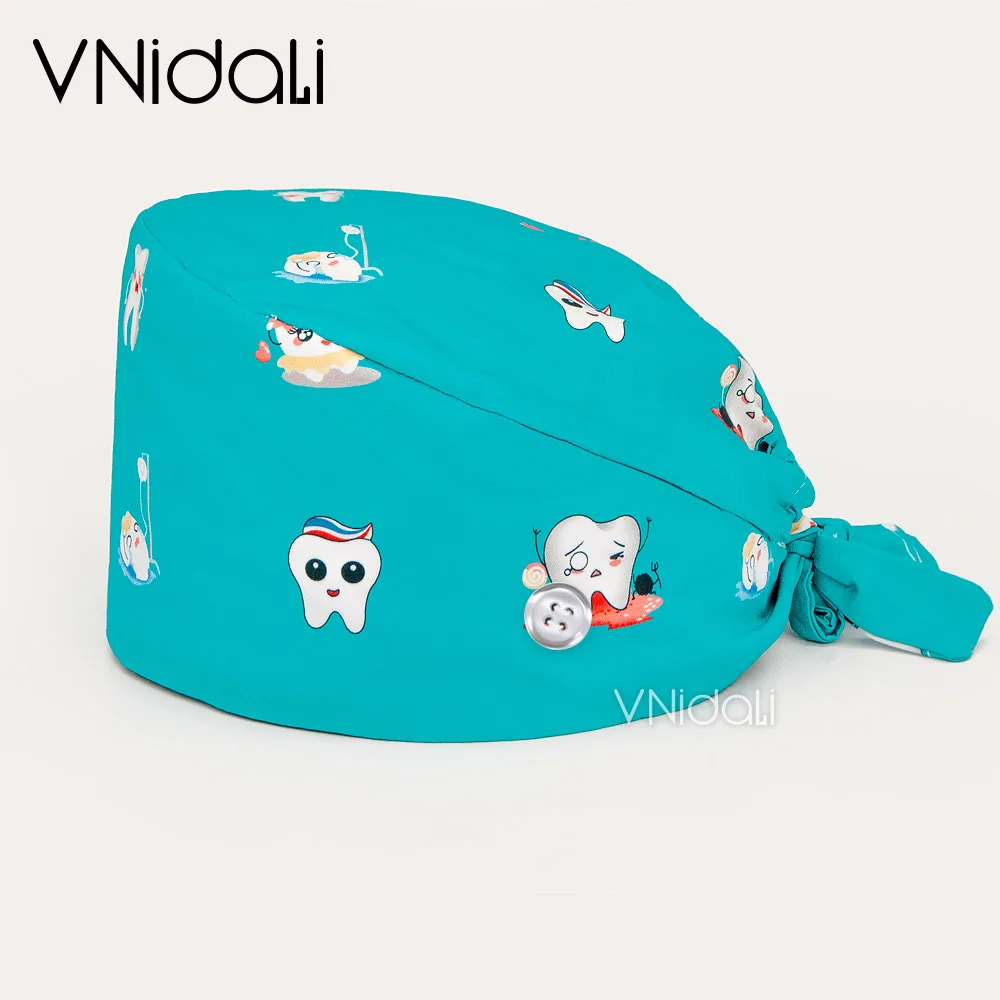 Tooth pattern printing Surgical cap Women's scrubs hat Dental clinic nursing cap Dental dentist hat button scrub caps nurse hat