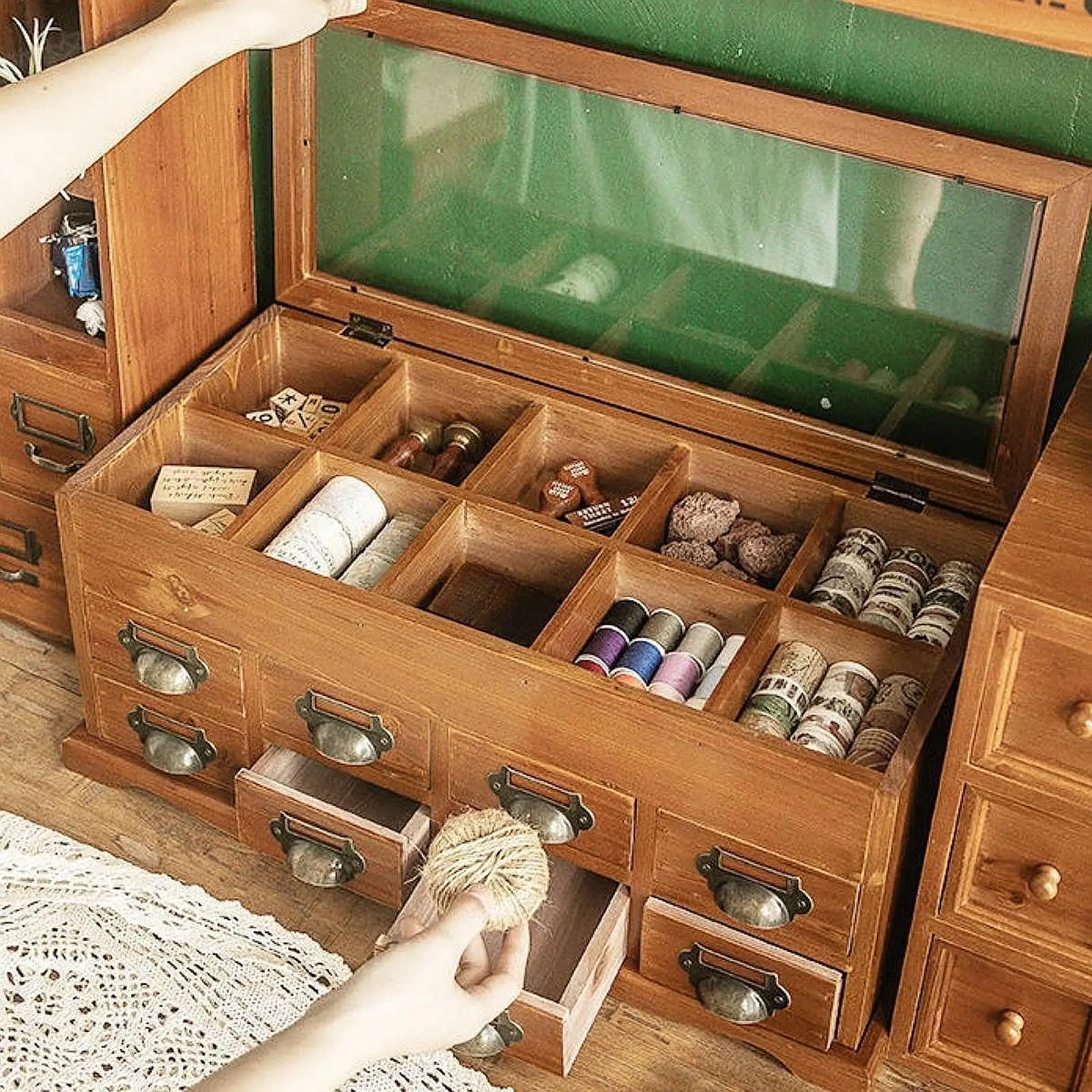 Desktop Storage Drawer Box Desk Organizer with Drawers Storage Container Wood Storage Box for Scrapbooking Items Sticky Notes