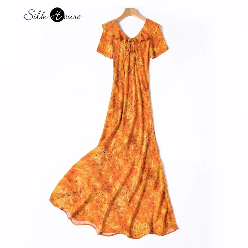 

Slant Cut Bright Orange 100%Natural Mulberry Silk Crepe De Chine Pleated Ruffle Edge V-neck Short Sleeved Women's Fishtail Dress