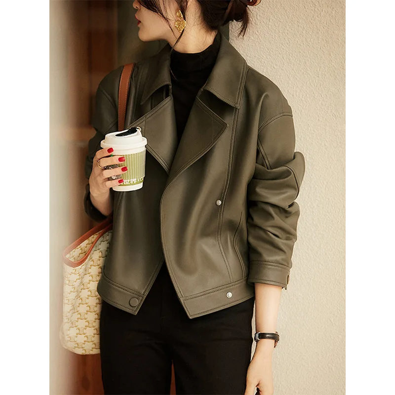 Sheepskin Motorcycle Leather Overcoat Leather Coat Women's Leather Cool Short