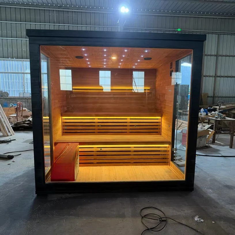 Dry Steam Sauna Rooms Outdoor Relax Wet Lit Electric 6 Person Red Cedar Cube Outdoor Sauna with Heater Wood Sauna for Outdoor