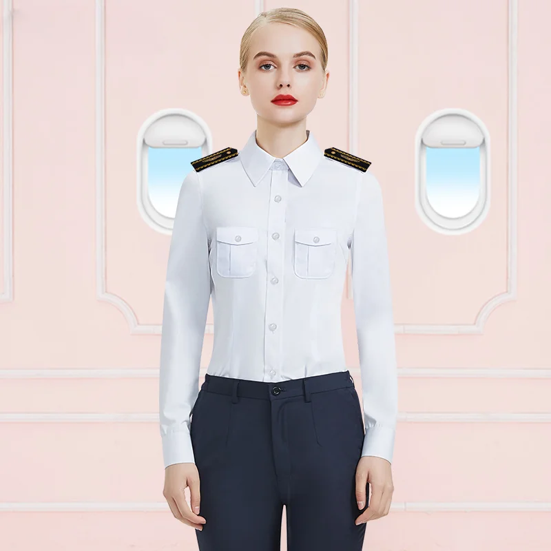 Luchtvaart Vrouwelijke Kapitein Piloot Uniform Wit Shirt College Nauwsluitende Schouderbadge Stewardess Lange Mouwen Werkshirt