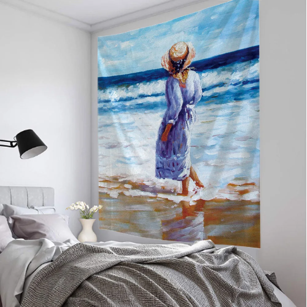 Sea View Retro Aesthetics Oil Painting Tapestry Wall Mural Home Decoration for Living Room Bedroom Office Dormitory