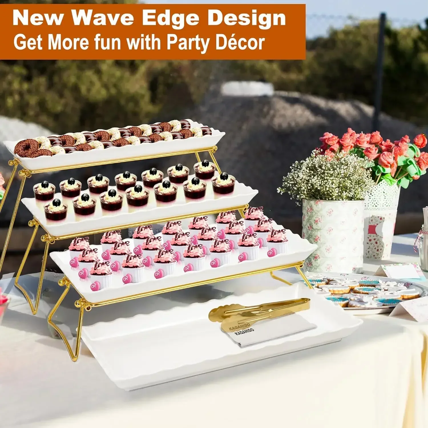 Extra Large 4 Tier Serving Tray Set, 34x22x10 inch Wave Edge Melamine Dessert Table Display Set, Tiered Trays Stand for Party Bu