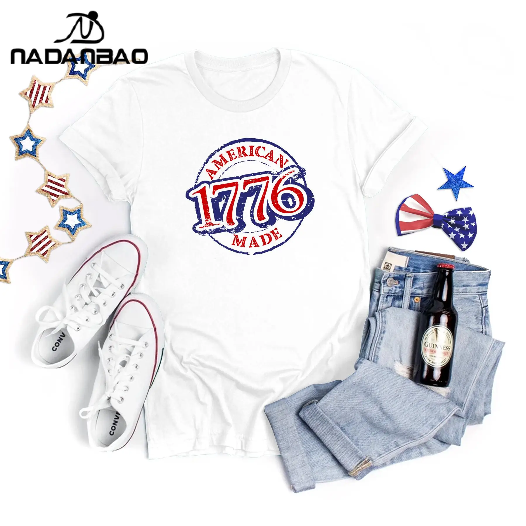 Nadanbao T-shirt grafiche con lettere USA per donna T-shirt estiva a maniche corte con stampa patriottica bianca Abbigliamento casual per le vacanze