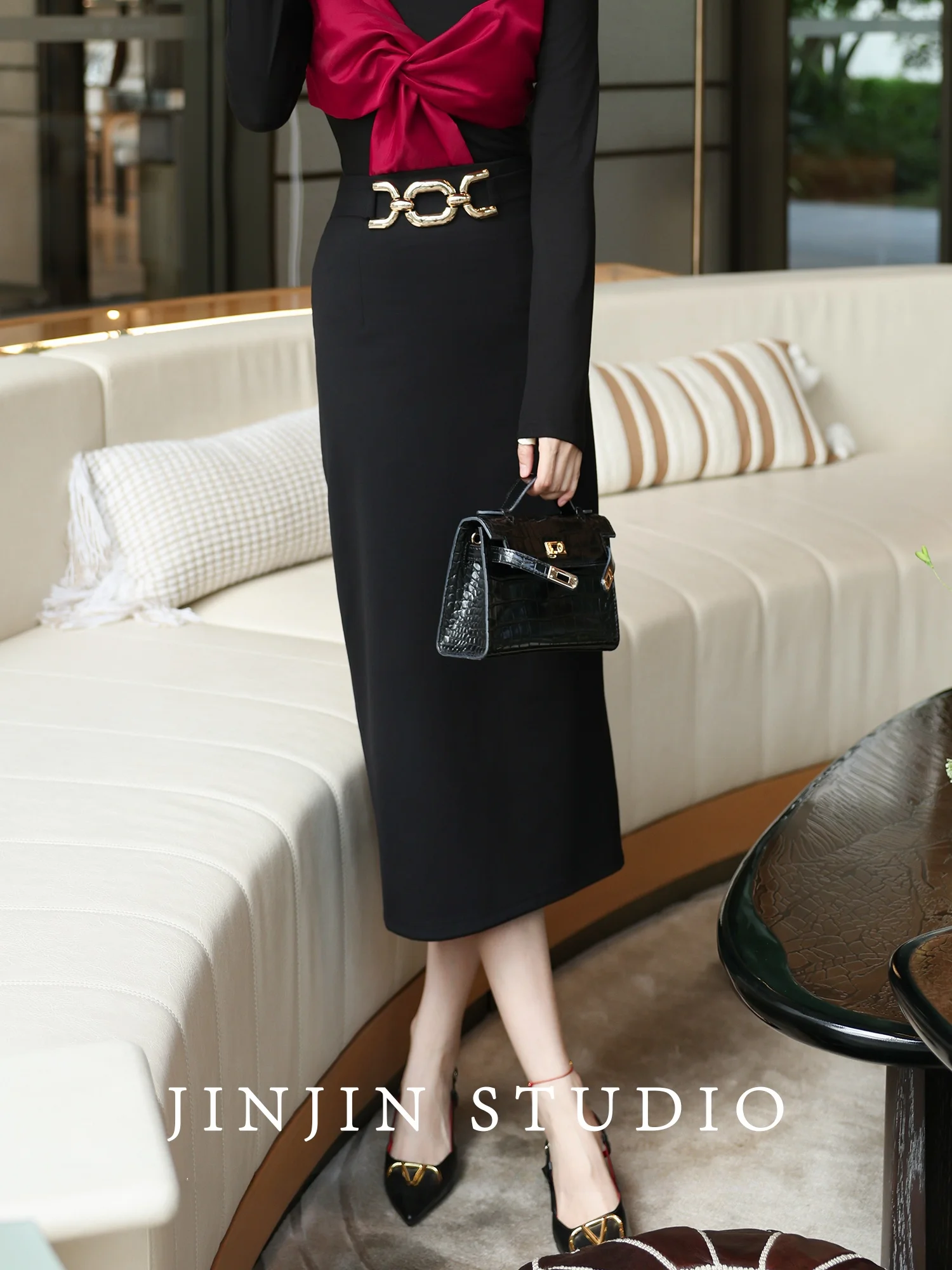 

Original MD Attractive Line Early Autumn Faionable Straight Leg f-length Skirt Versatile Slimming Polyester Fiber Skirt