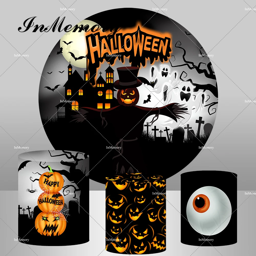 Black Halloween Day Round Backdrop Cover Grim Castle Full Moon Horror Pumpkin Ghost Backgrounds Plinth Covers Supplier