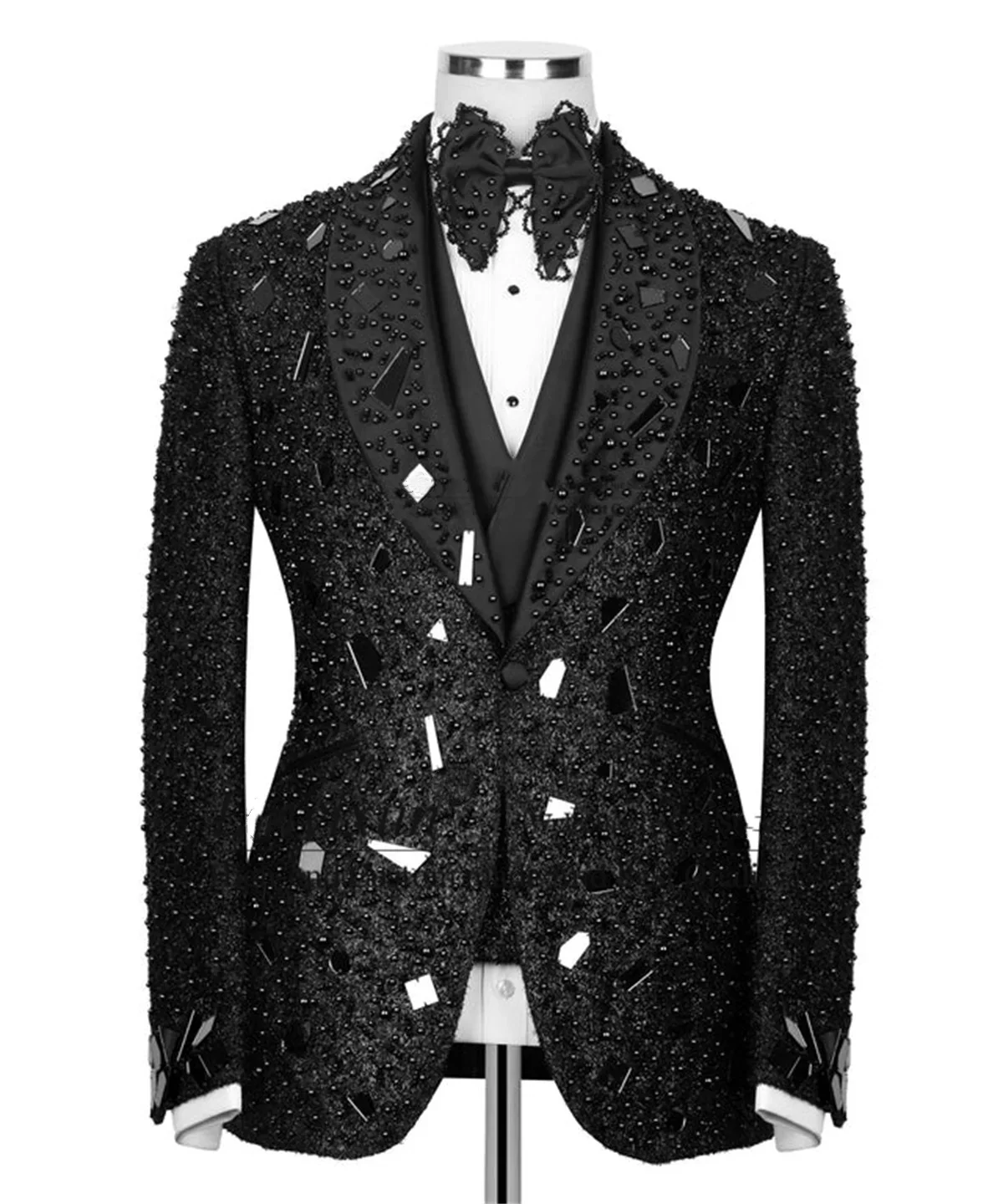 Luxurious Beaded Men Wedding Suits Shawl Lapel Tuxedo Groom Wear 3 Pcs Jacket Pants Vest Business Evening Party Customized