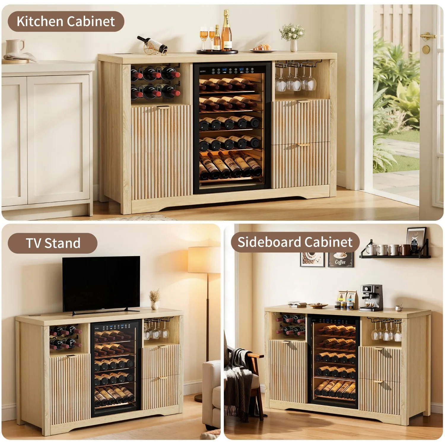 Coffee Bar Cabinet with Mini Fridge Space, 53"Wine Cabinets with Storage view 5