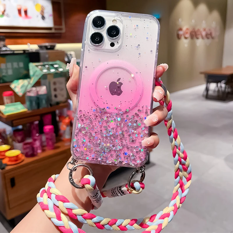 Glitter Crossbody Lanyard Case For iphone 15 14 12 13 Mini 11 Pro Max 7 8 Plus X XS XR SE 2 3 For Magsafe Silicone Back Cover