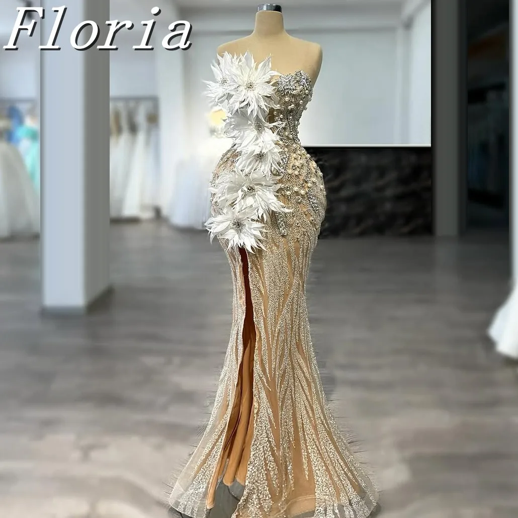 แชมเปญแขนยาว Mermaid Evening Dresses ขนนกสีขาวดอกไม้โมเดิร์นไข่มุกชุดราตรียาว Gowns ชุดที่กําหนดเอง