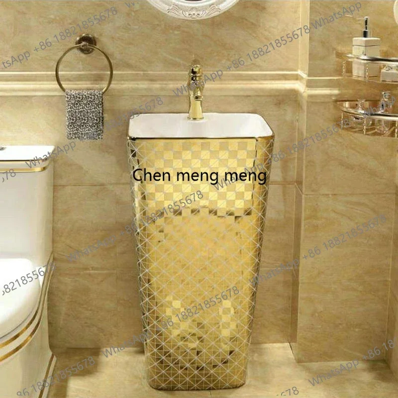 New arrive Gold Diamonds Rectangular Pedestal Sink Ceramic Bathroom Sink With Stand Pedestal Wash Basin