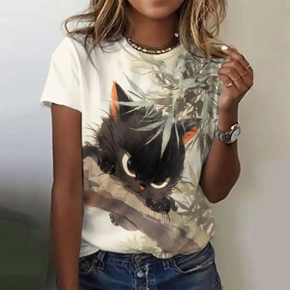 Schattige Kat Print Dames T-Shirt Oversized Zomer Kleding Mode Ronde Hals Casual Korte Mouw Trui Vrouwen Y 2K T-Shirts