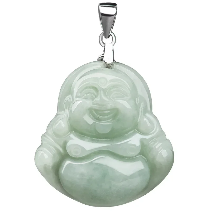 

Burmese Jade Buddha Pendant Gemstones Jewelry Emerald Real Jadeite Choker Natural Fashion Green Amulets Necklace 925 Silver