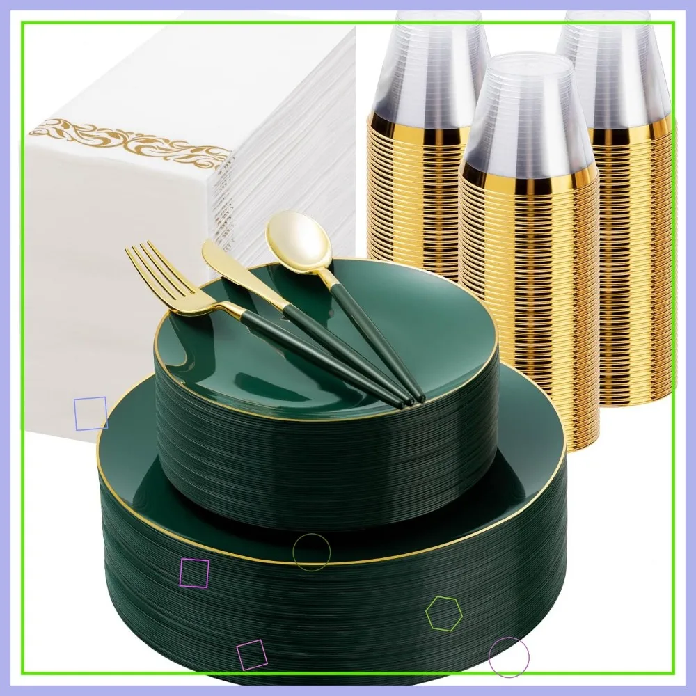 

350-Piece Green Gold Plastic Dinnerware Set for Parties, Includes Plates, Cutlery, Napkins & Cups