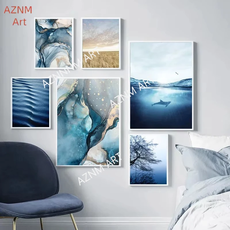 Blue Abstract Lake Landscape Picture Tree Wheat Ears Prints Pictures Poster Wall Art Canvas Painting For Living Room Home Decor