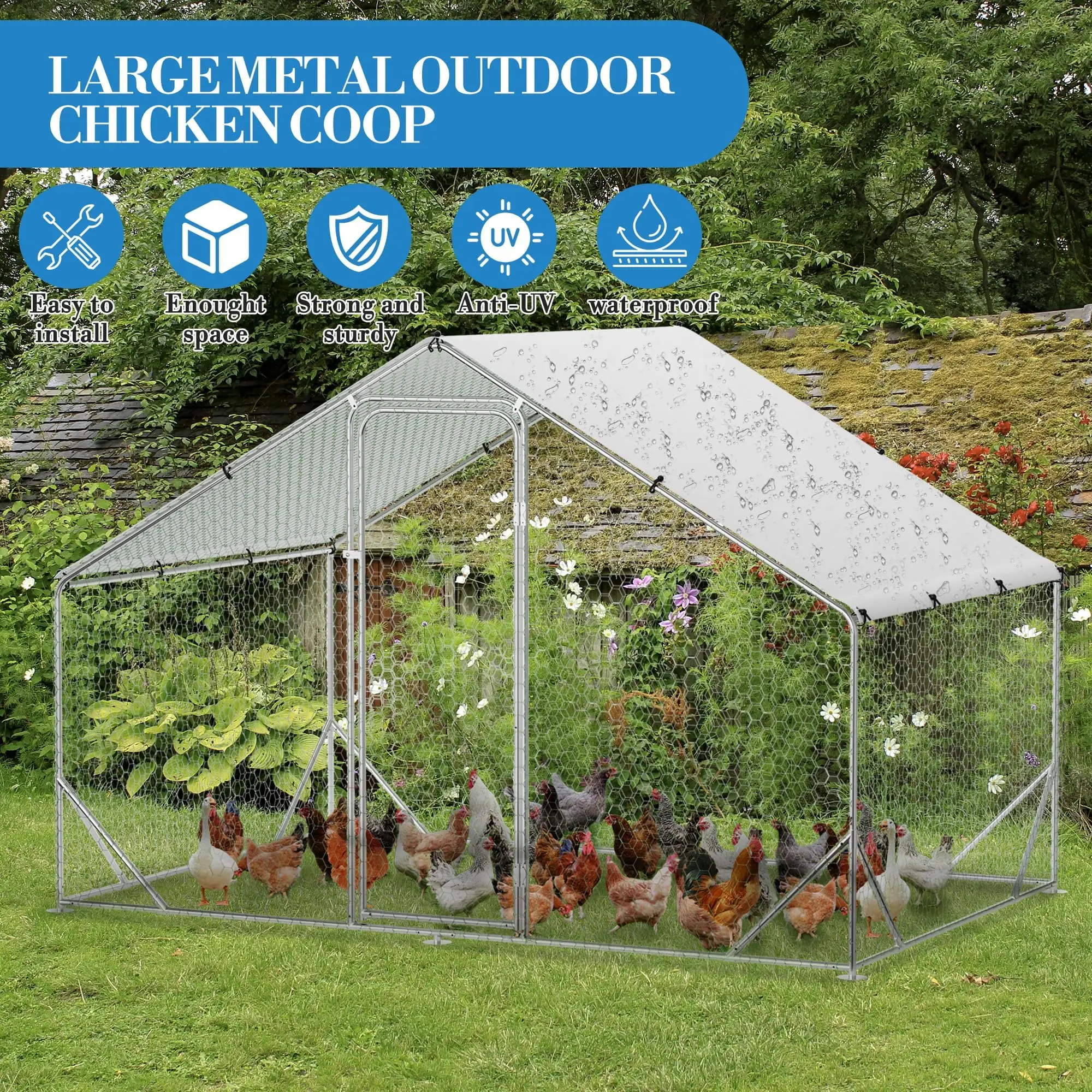 Large Metal Chicken Coop with Stiffener, Walk in Poultry Cage Chicken Run Pen with Waterproof Oxford Roof & Steep-Pitched Roof for Chickens/Ducks/Rabbits, 9.8'x6.5'x6.5'