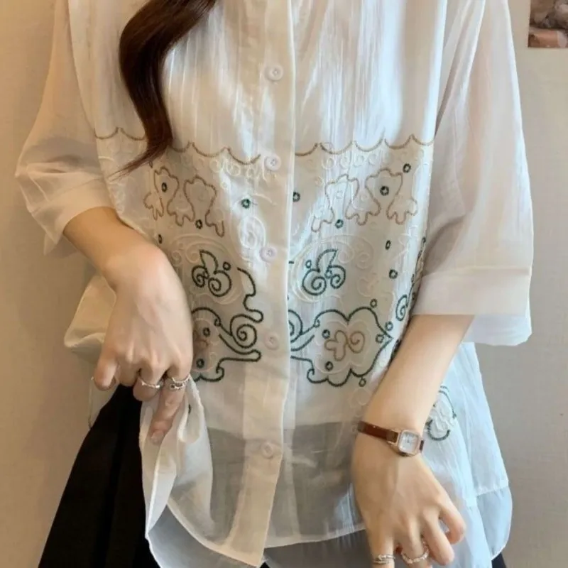 

2025 креативная новая новая рубашка для беременных с вышивкой, новая китайская шифоновая рубашка, топ для беременных, летняя простая дышащая рубашка, топ LI317