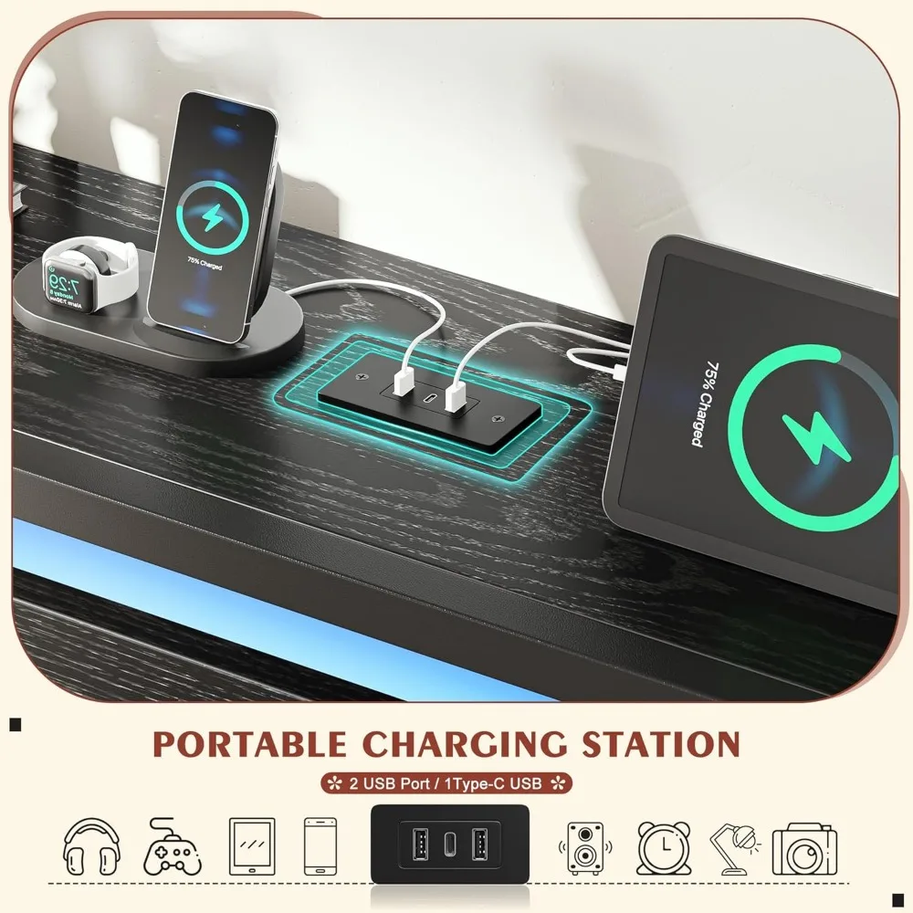 إطار سرير بحجم كينج مع مصابيح LED ومحطة شحن، وإطار سرير كينج ولوح رأسي، وتخزين تحت السرير 13، ودعم شرائح معدنية، لا