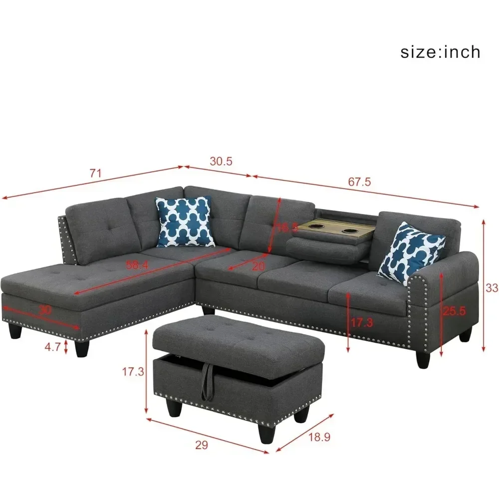 Convertible Sectional L Shaped Sofas with Storage, Chaise and Cup Holder, 4 Seat Modern Linen Fabric Sofá, Living Room Sofas