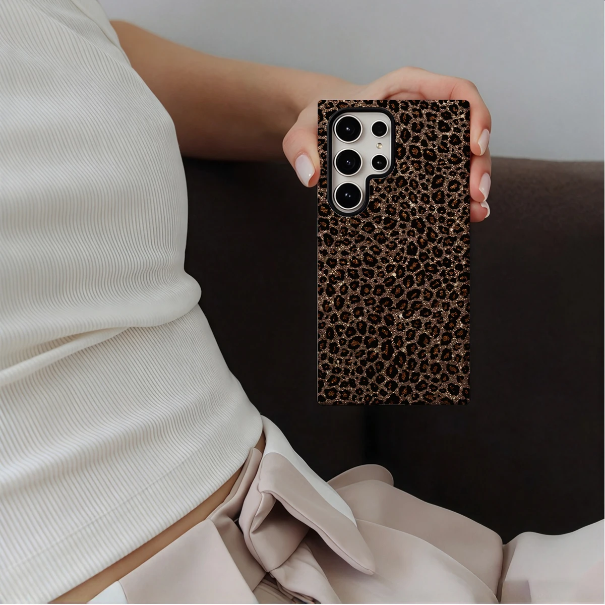 Glitter Leopard Phone Case For Samsung Galaxy S26 S25 Ultra S24 S23 Plus Hard Shock‑Absorption 2-in-1Protective Cover