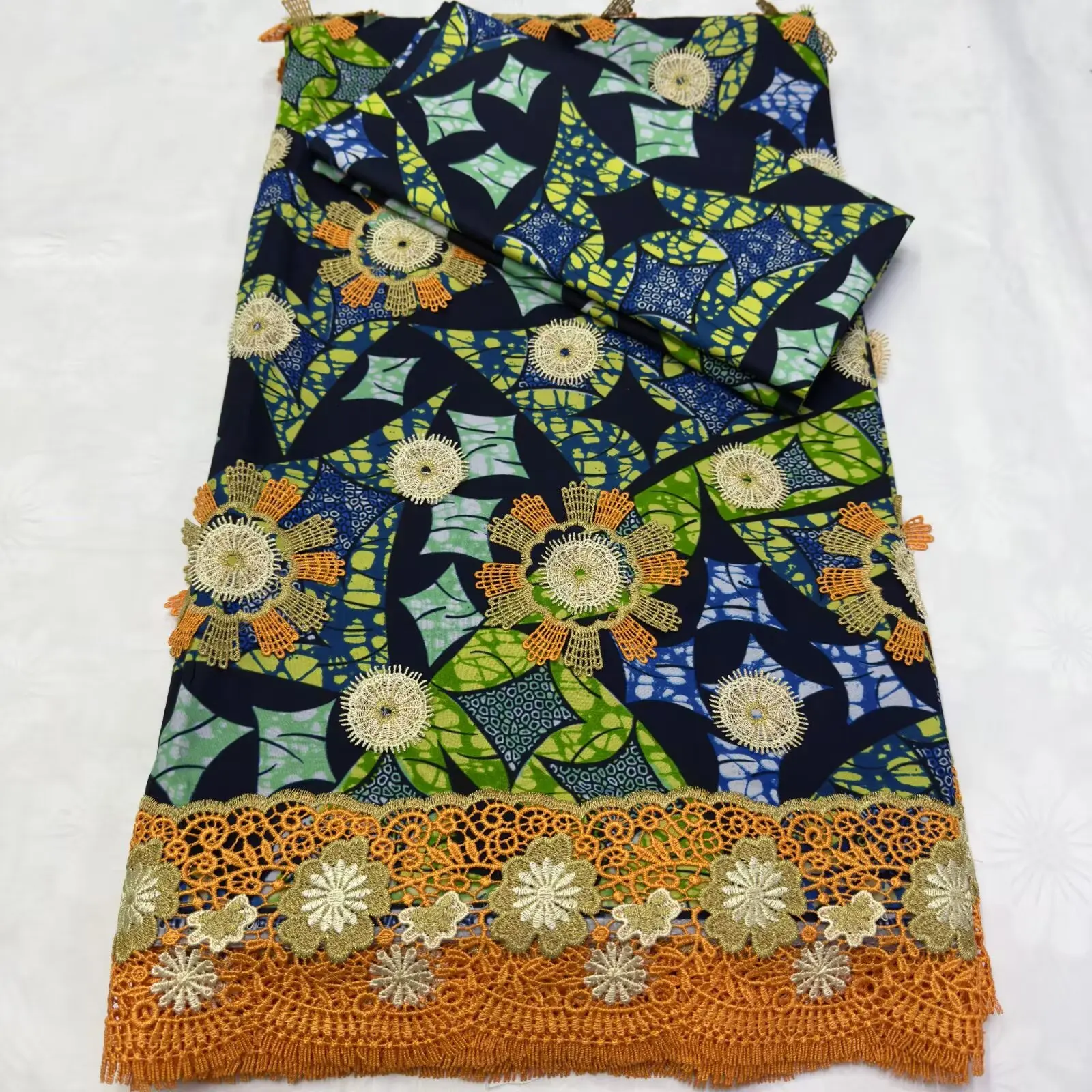   Renda Applique Vlisco Ultra Mewah 3 + 2Yard Kain Lilin Ankara Berat Afrika 3D Tali Bordir Penuh Bahan Renda Katun Lilin