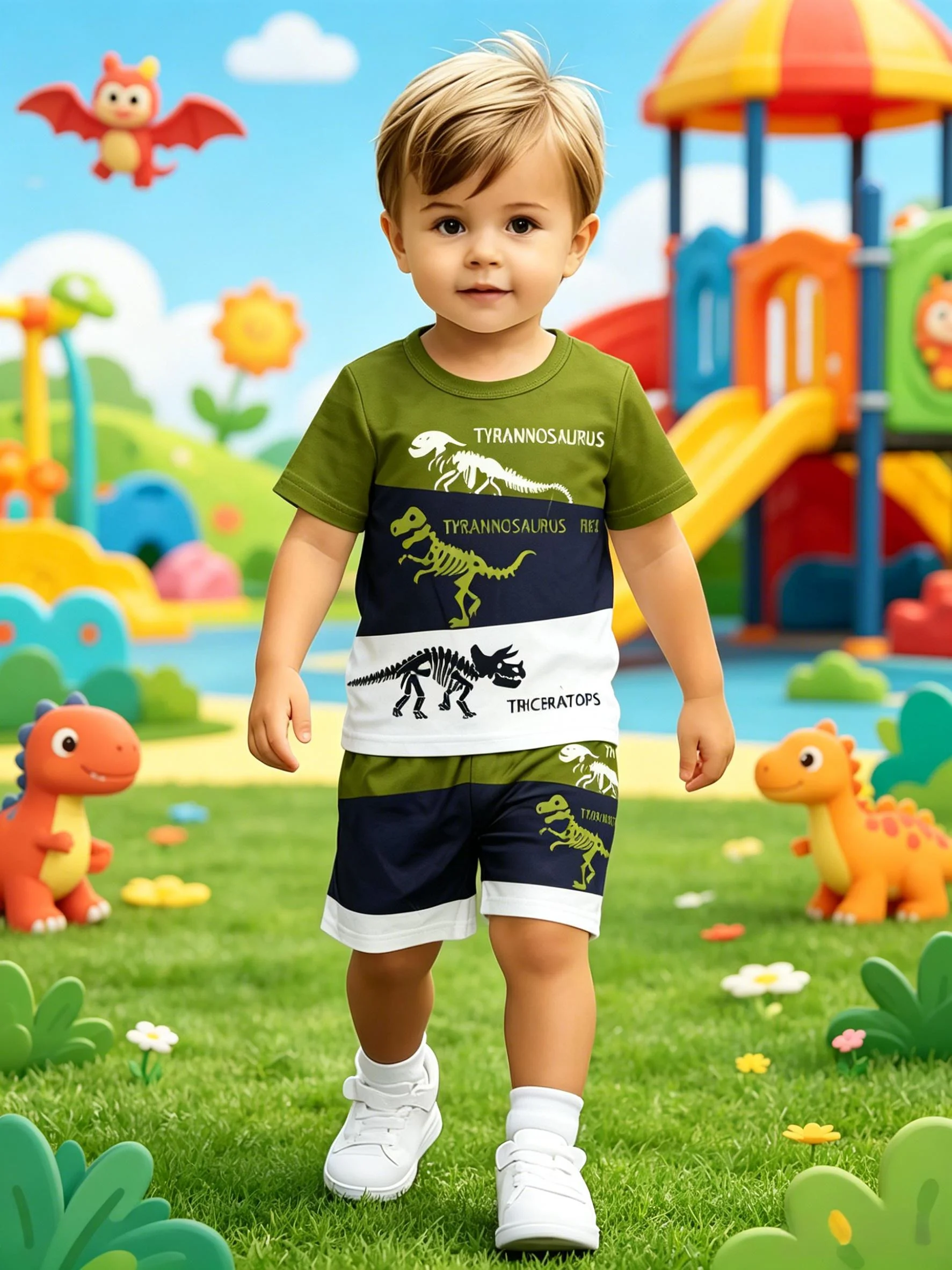 Cool Style Dinosaur Skeleton Print Boys Short Sleeve Shorts Set New Arrival