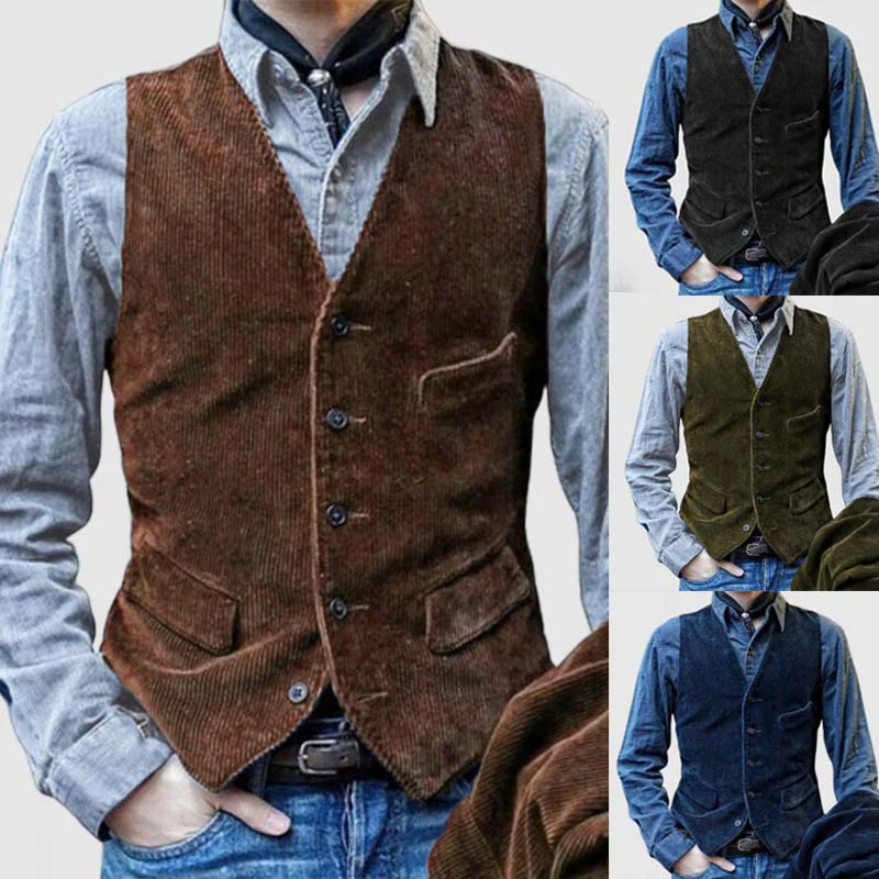 Chaleco Vintage de pana para hombre, chaqueta informal sin mangas con cuello en V abotonado, Color sólido, moda de oficina, Primavera