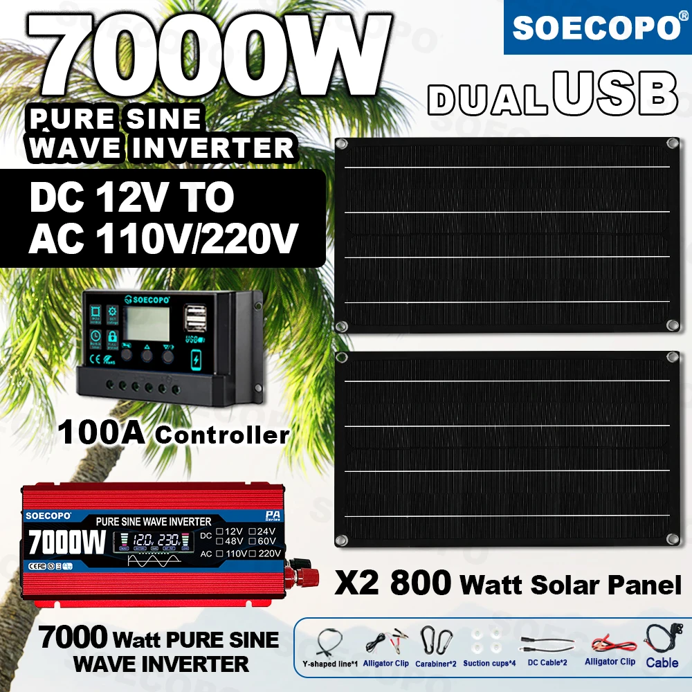

SOECOPO 7000W Solar Balcony Kit-12V Pure Wave Inverter 2*800W Photovoltaic Panels and 100A Controller for Home Off Grid System