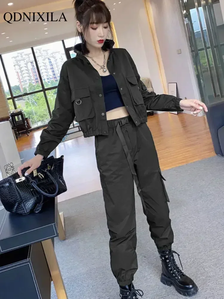 여성용 2 피스 세트 자켓 및 바지 카고 트랙 슈트 한국 스타일 캐주얼 streetwear 스포츠 복장 가을 겨울 야외 착용
